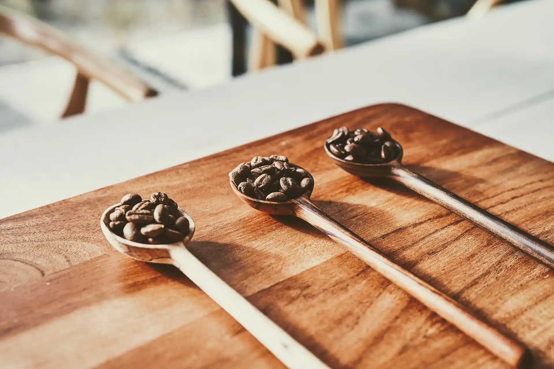 Three wood spoons holding light, medium and dark roast Laka Java coffee beans on a rustic table in the sun.