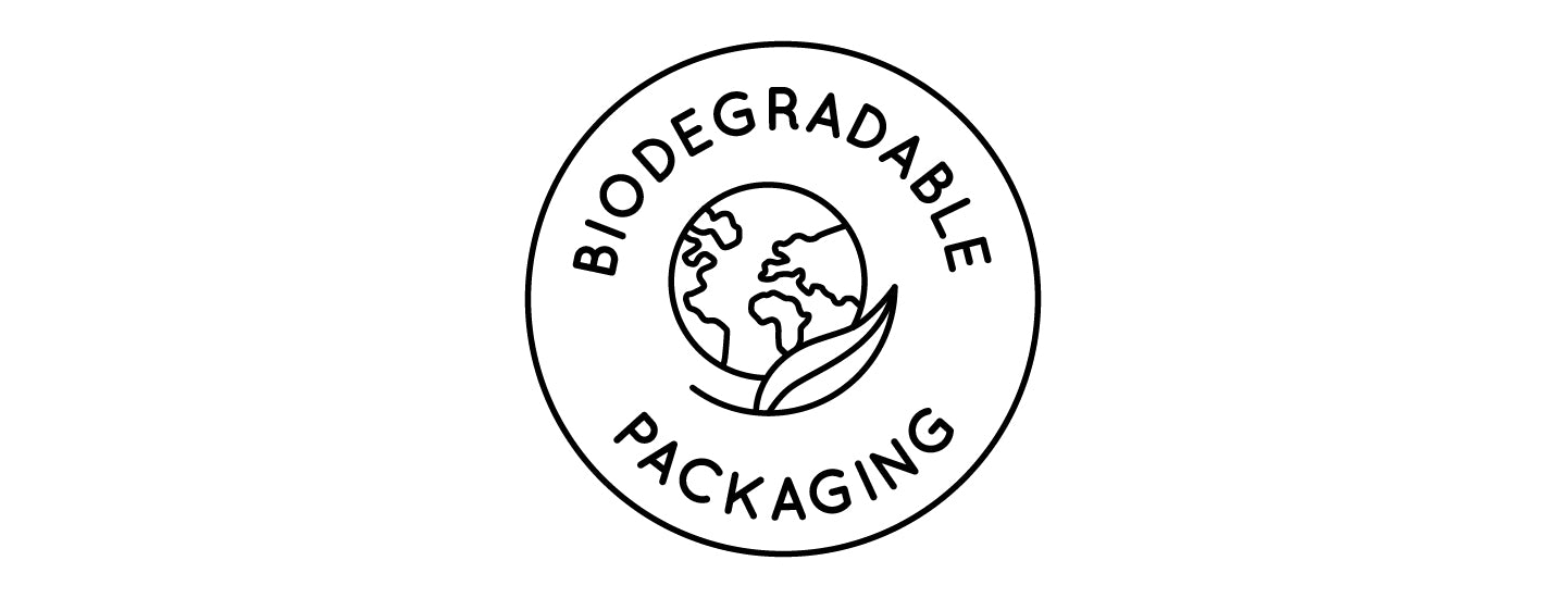 Biodegradable packaging with illustration of a leaf cradling the earth.