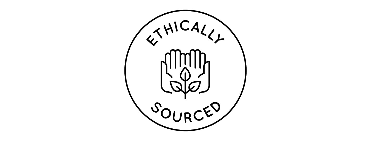 Ethically sourced icon with illustration of hands holding young plant.