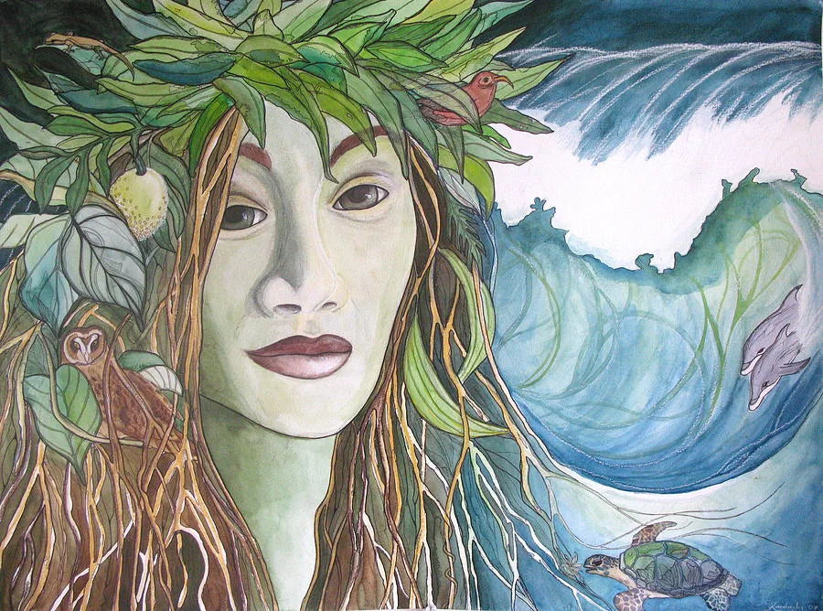 Illustration of the goddess Laka surrounded by wildlife and the ocean created by artist Kimberly Kirk.