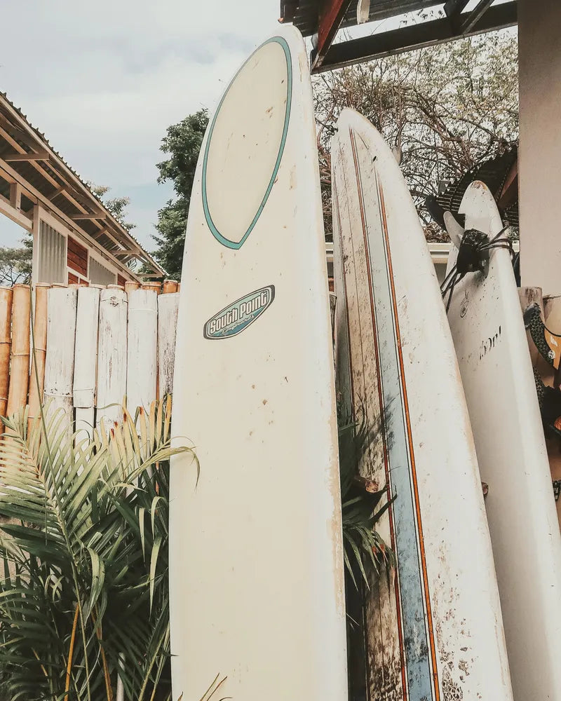 Surfboards stacked along a rustic wood fence near a beach shack on a sunny day.